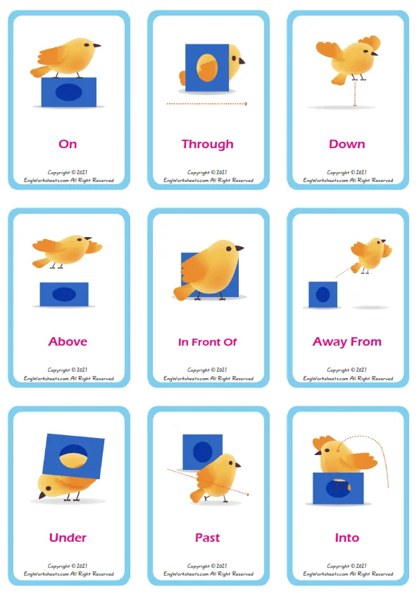 Prepositions vocabulary worksheet with words, nine images per page