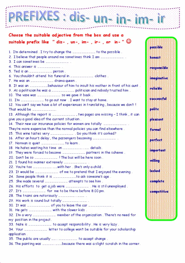 Prefixes Dis- , -Un , In- , Im- , Ir