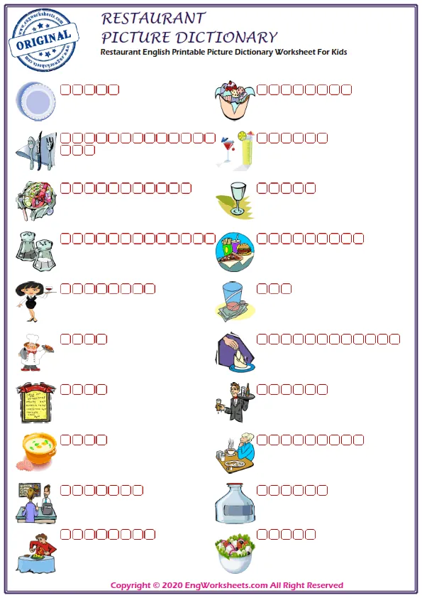 Restaurant English Printable Picture Dictionary Worksheet For Kids