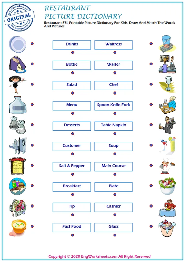 Restaurant ESL Printable Picture Dictionary For Kids. Draw And Match The Words And Pictures.