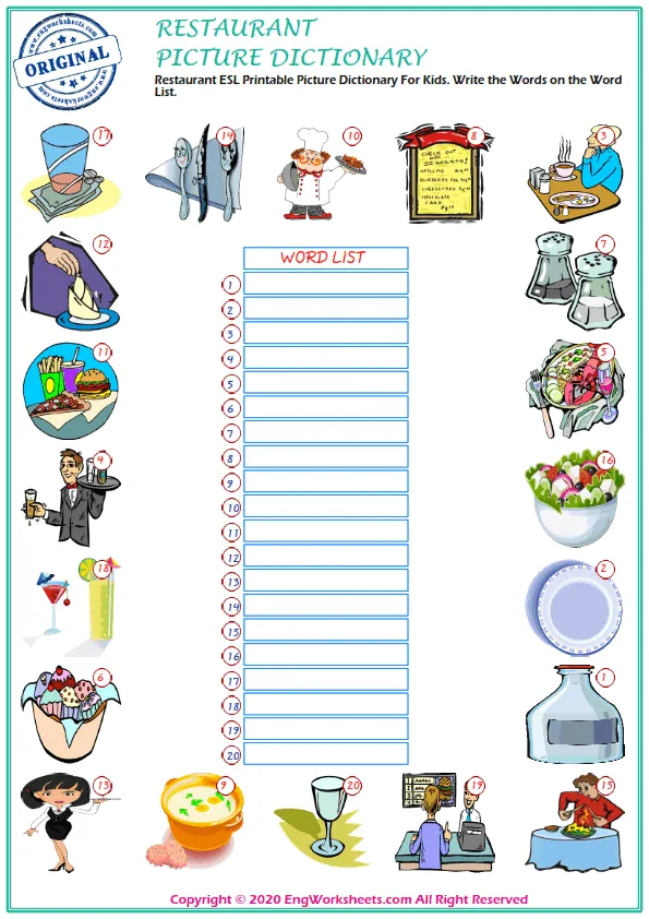 Restaurant ESL Printable Picture Dictionary For Kids. Write the Words on the Word List.