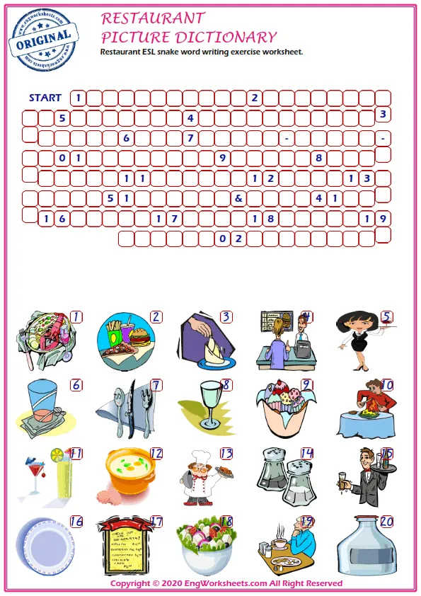 Restaurant ESL snake word writing exercise worksheet.
