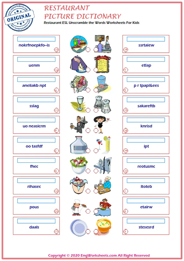 Restaurant ESL Unscramble the Words Worksheets For Kids