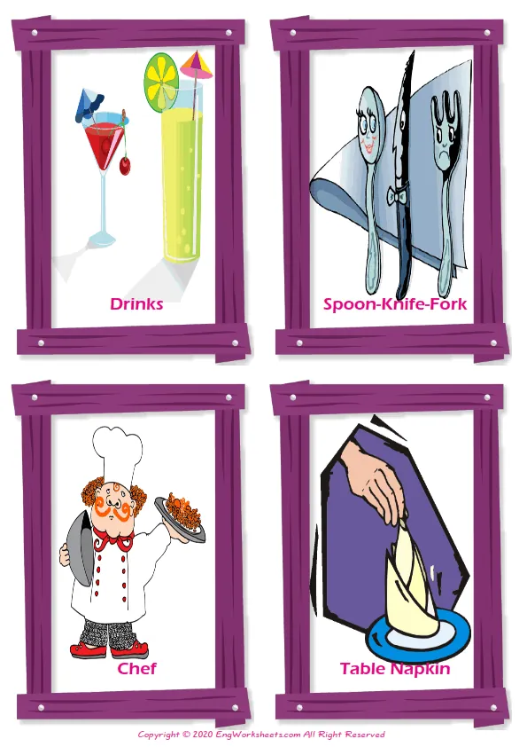 Restaurant vocabulary worksheet with words, four images per page