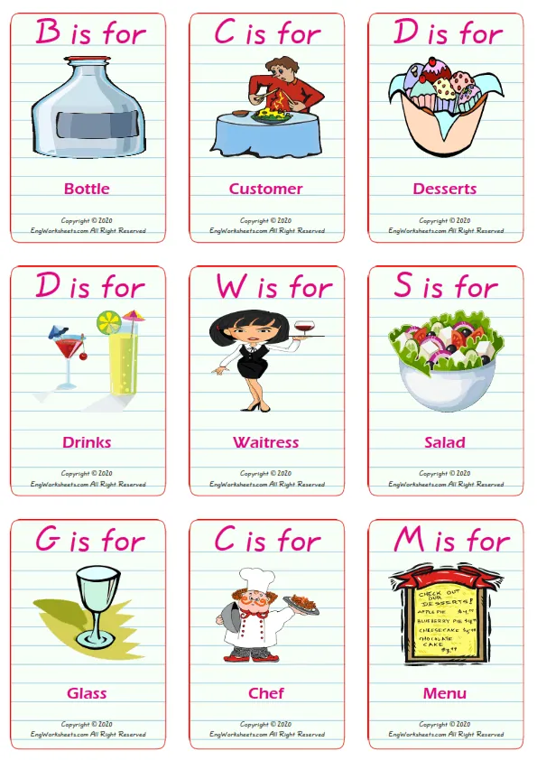 Restaurant vocabulary worksheet with words, nine images per page