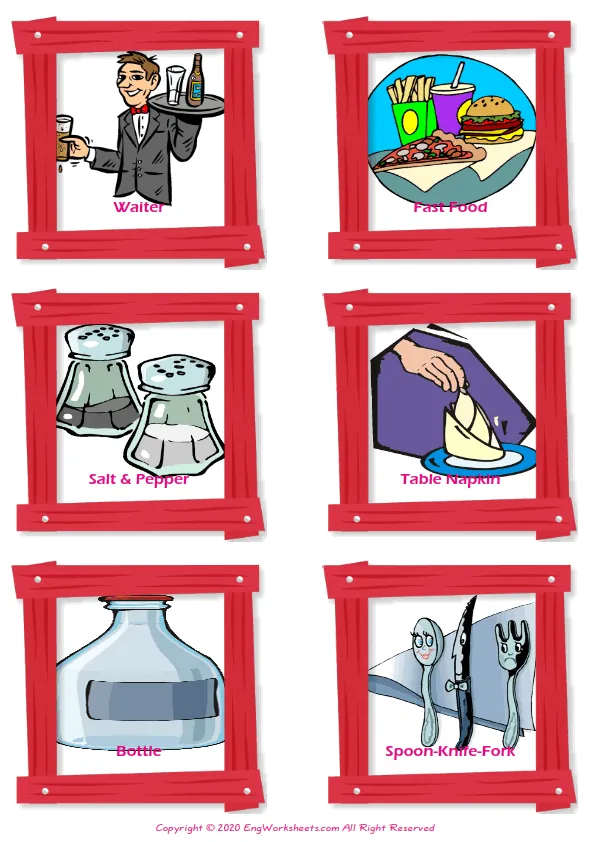 Restaurant vocabulary worksheet with words, six images per page