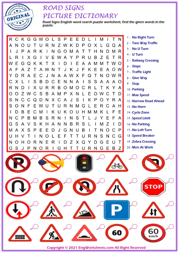 Road Signs English word search puzzle worksheet, find the given words in the puzzle.