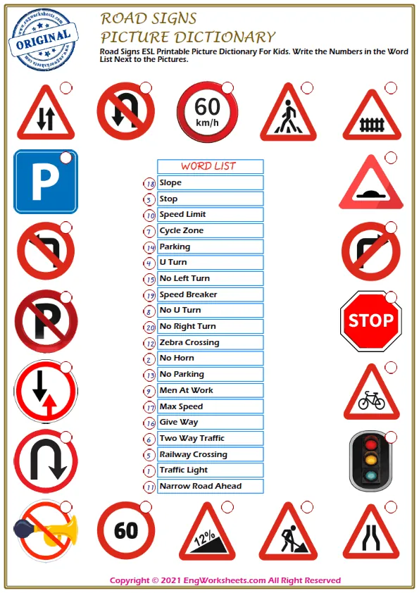 Road Signs ESL Printable Picture Dictionary For Kids. Write the Numbers in the Word List Next to the Pictures.