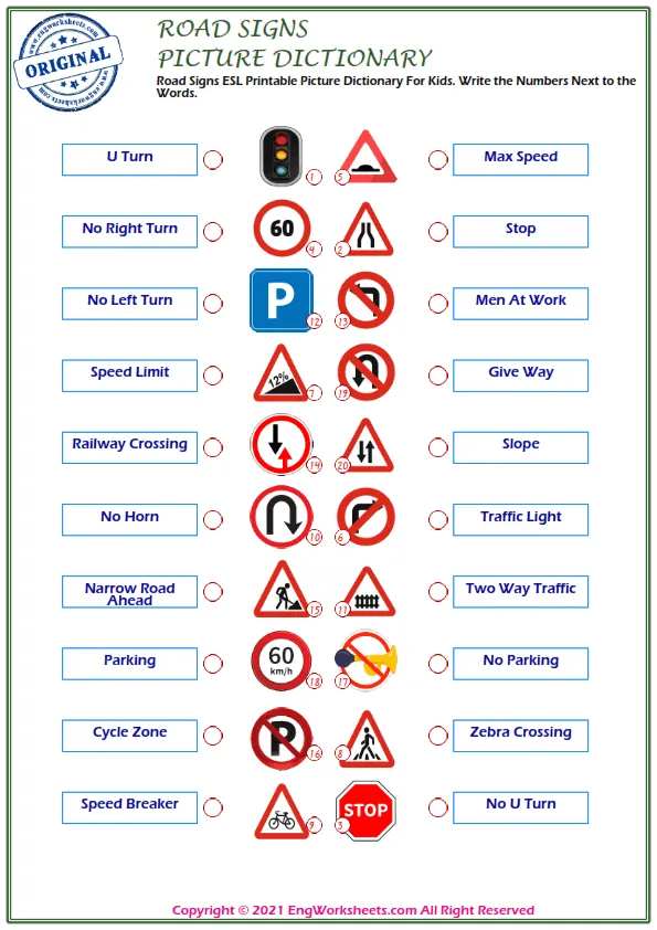 Road Signs ESL Printable Picture Dictionary For Kids. Write the Numbers Next to the Words.