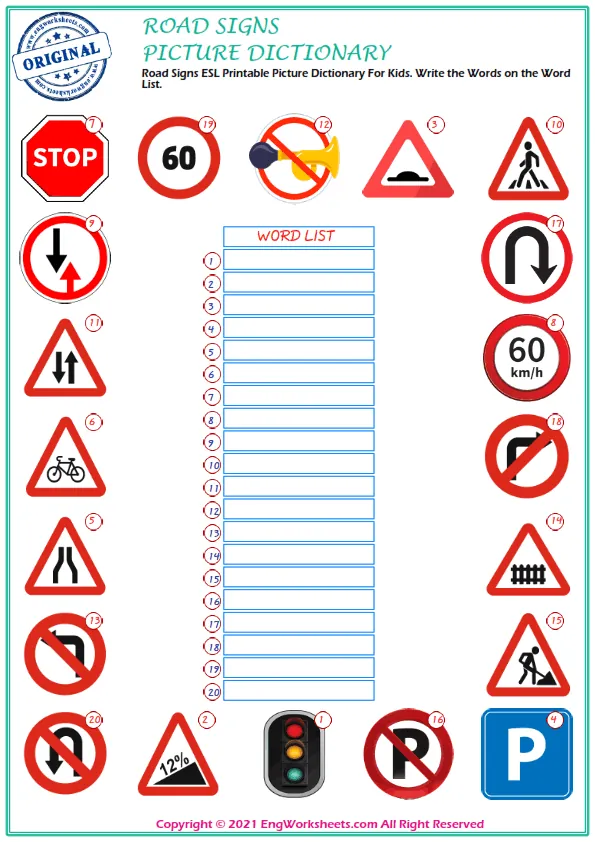 Road Signs ESL Printable Picture Dictionary For Kids. Write the Words on the Word List.