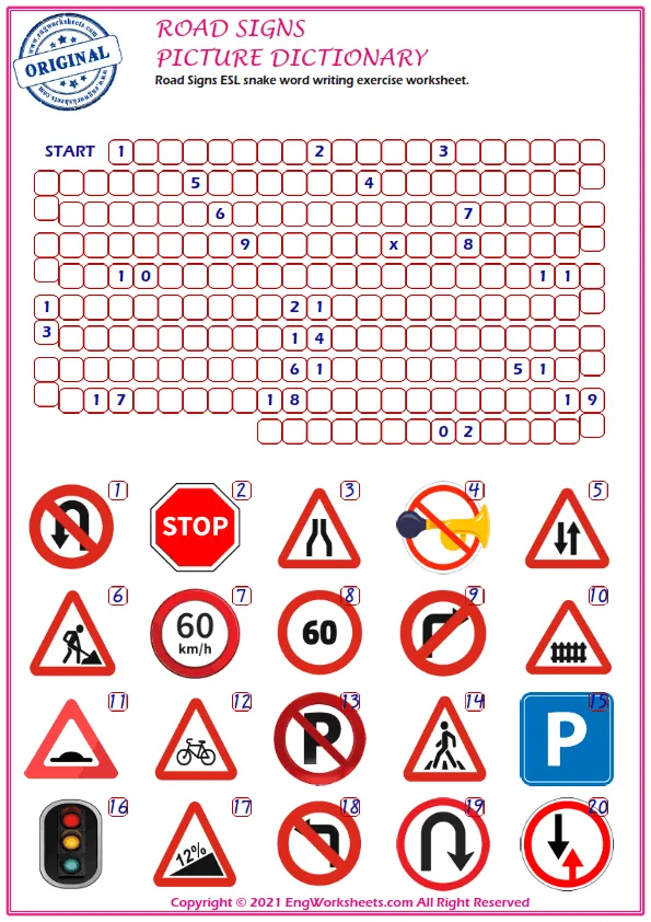 Road Signs ESL snake word writing exercise worksheet.