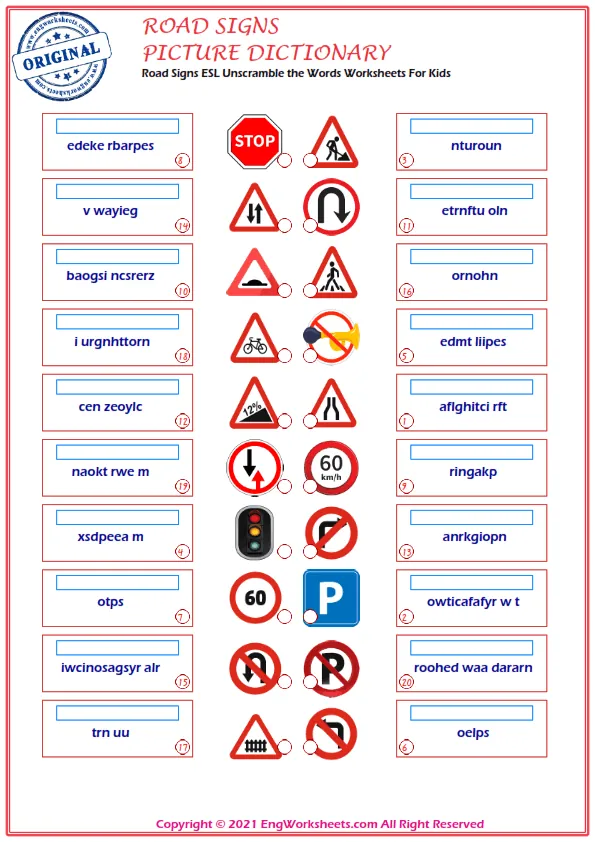 Road Signs ESL Unscramble the Words Worksheets For Kids