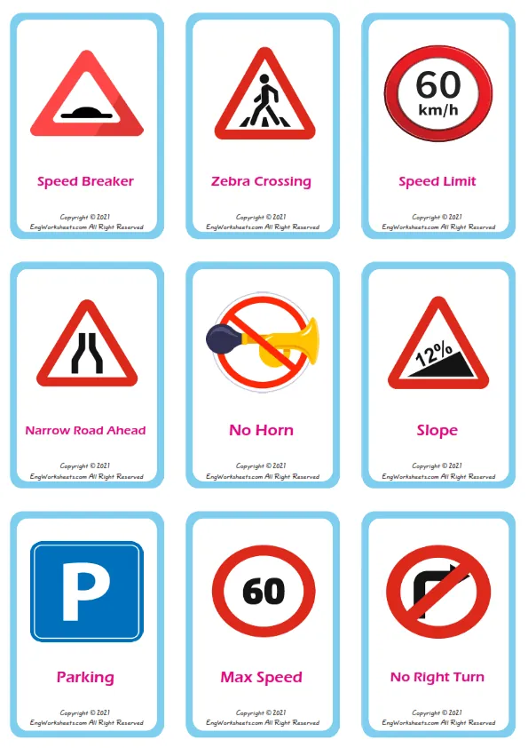 Road Signs vocabulary worksheet with words, nine images per page