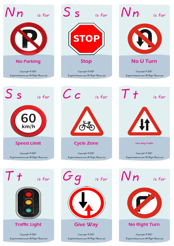 Road Signs vocabulary worksheet with words, nine images per page
