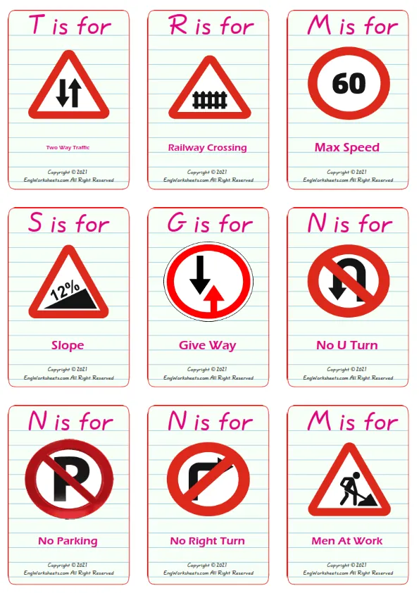 Road Signs vocabulary worksheet with words, nine images per page