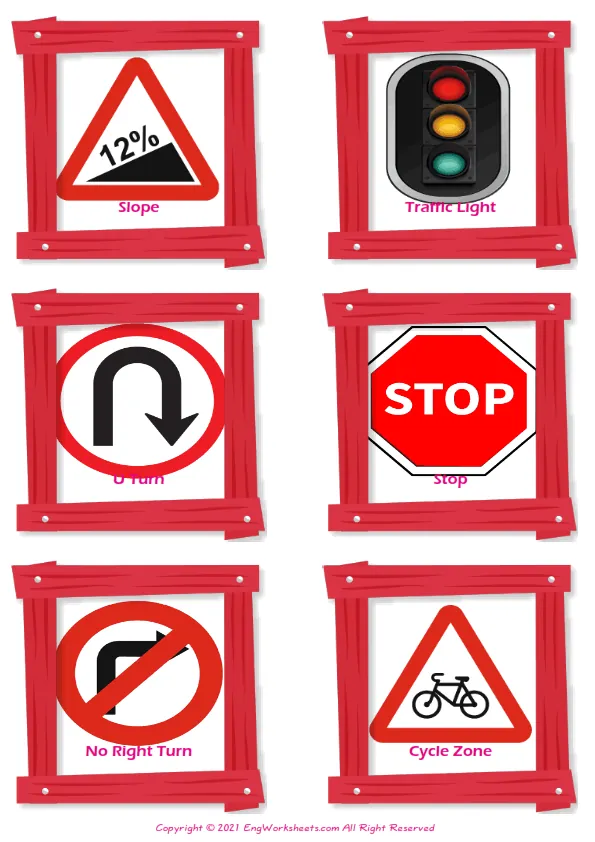 Road Signs vocabulary worksheet with words, six images per page