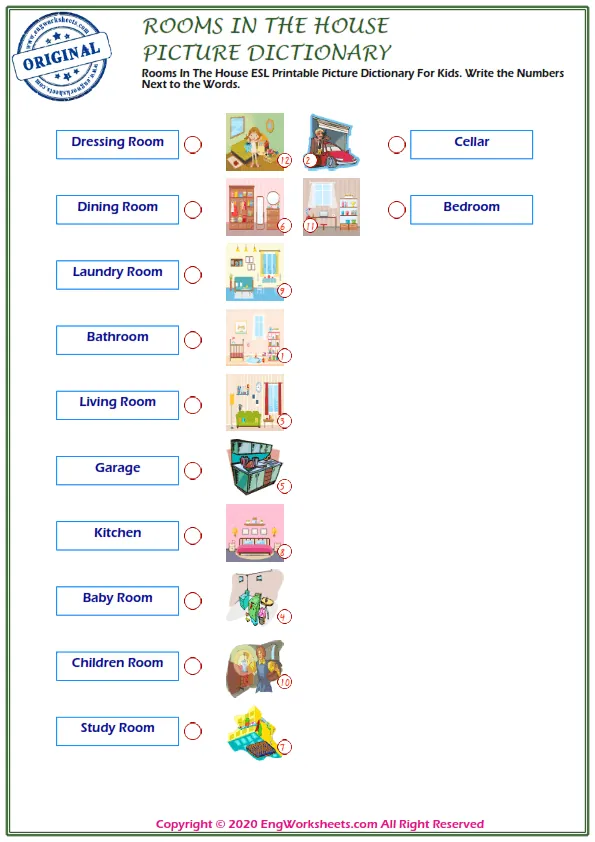 Rooms In The House ESL Printable Picture Dictionary For Kids. Write the Numbers Next to the Words.