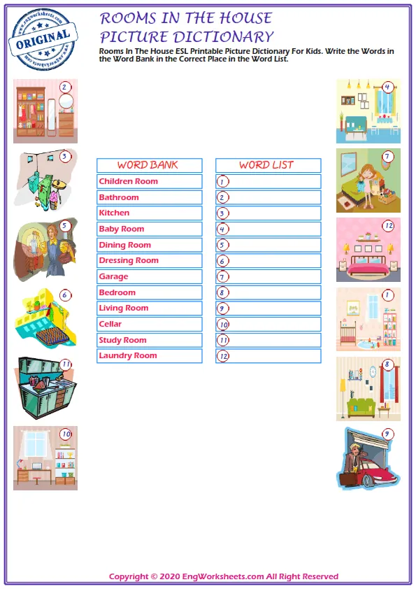 Rooms In The House ESL Printable Picture Dictionary For Kids. Write the Words in the Word Bank in the Correct Place in the Word List.