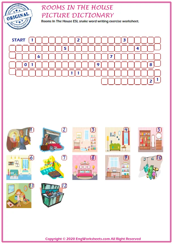 Rooms In The House ESL snake word writing exercise worksheet.