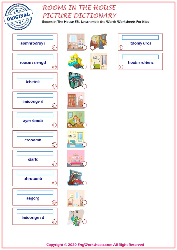 Rooms In The House ESL Unscramble the Words Worksheets For Kids