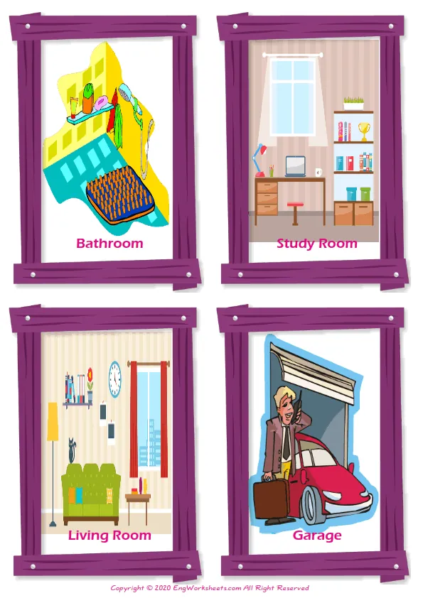 Rooms In The House vocabulary worksheet with words, four images per page