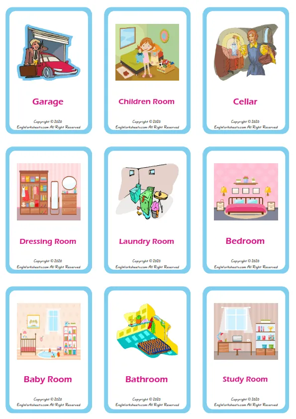 Rooms In The House vocabulary worksheet with words, nine images per page