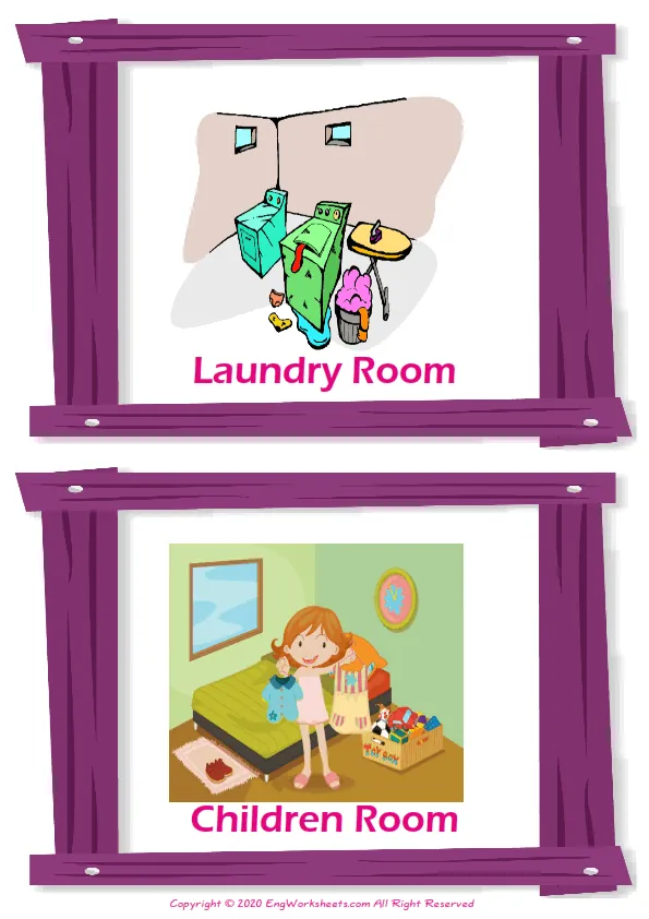 Rooms In The House vocabulary worksheet with words, two images per page