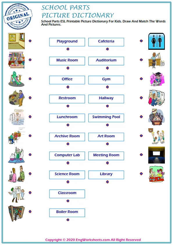 School Parts ESL Printable Picture Dictionary For Kids. Draw And Match The Words And Pictures.