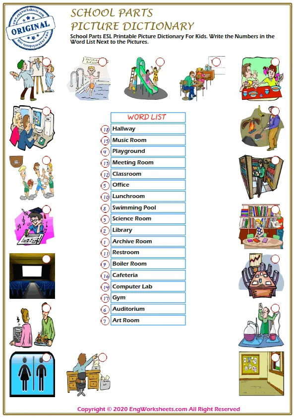 School Parts ESL Printable Picture Dictionary For Kids. Write the Numbers in the Word List Next to the Pictures.