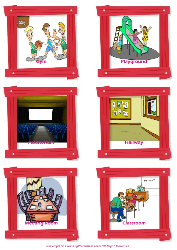 School Parts vocabulary worksheet with words, six images per page