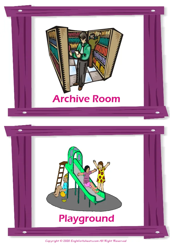 School Parts vocabulary worksheet with words, two images per page
