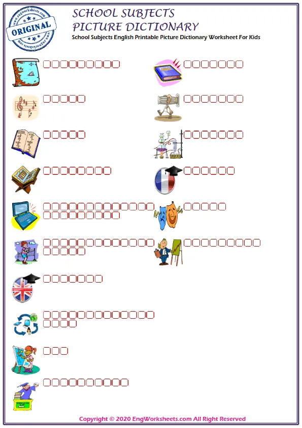 School Subjects English Printable Picture Dictionary Worksheet For Kids