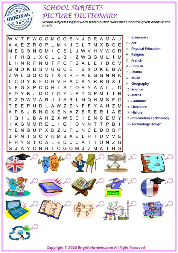 School Subjects English word search puzzle worksheet, find the given words in the puzzle.