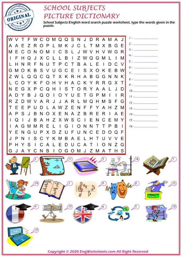 School Subjects English word search puzzle worksheet, type the words given in the puzzle.