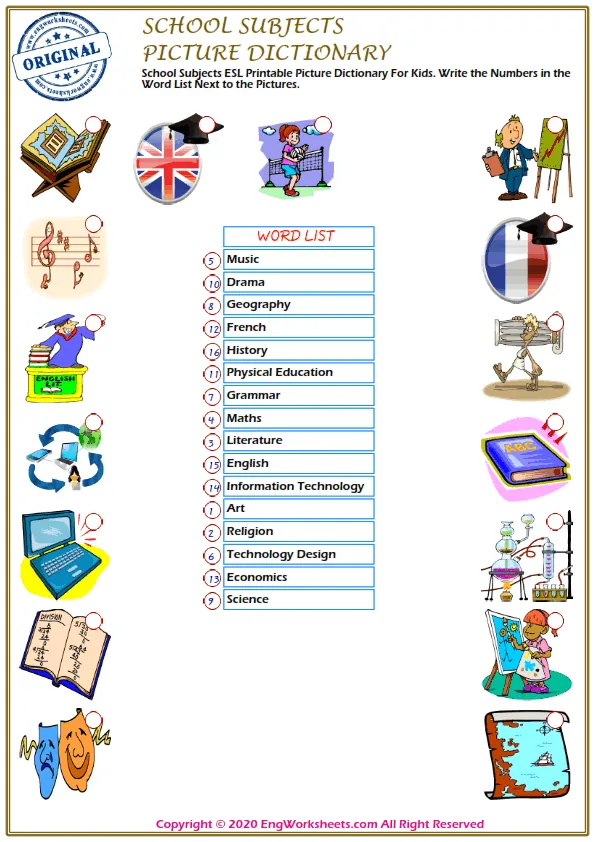 School Subjects ESL Printable Picture Dictionary For Kids. Write the Numbers in the Word List Next to the Pictures.