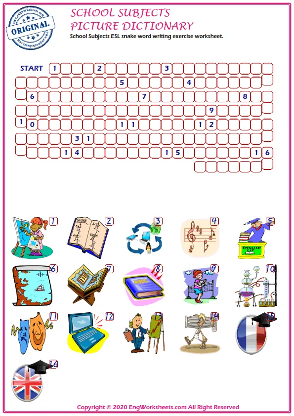 School Subjects ESL snake word writing exercise worksheet.