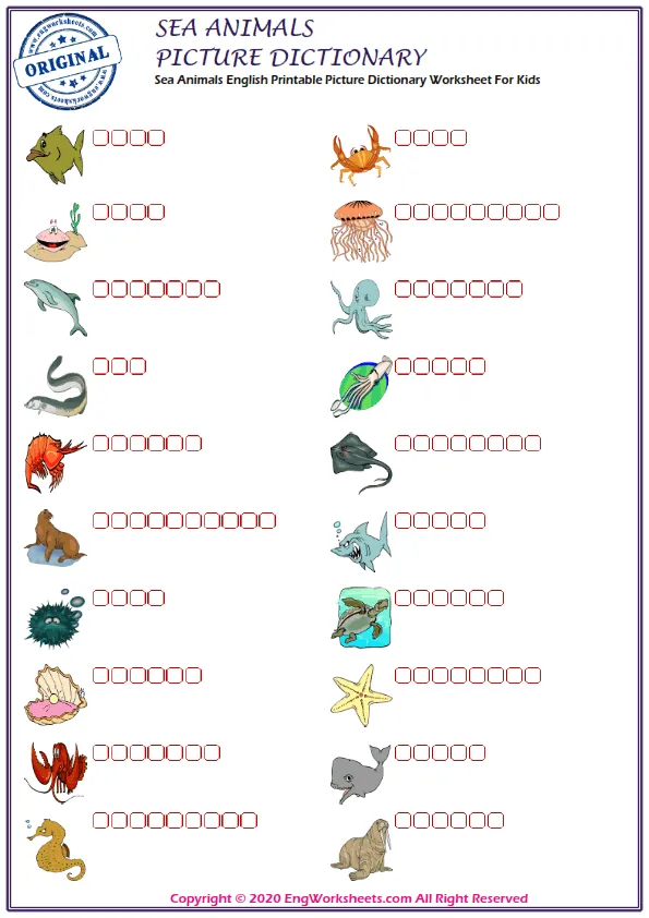 Sea Animals English Printable Picture Dictionary Worksheet For Kids
