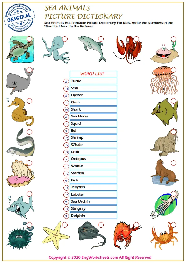 Sea Animals ESL Printable Picture Dictionary For Kids. Write the Numbers in the Word List Next to the Pictures.