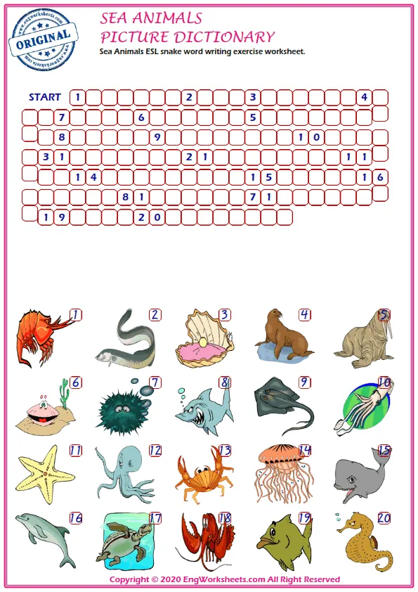 Sea Animals ESL snake word writing exercise worksheet.