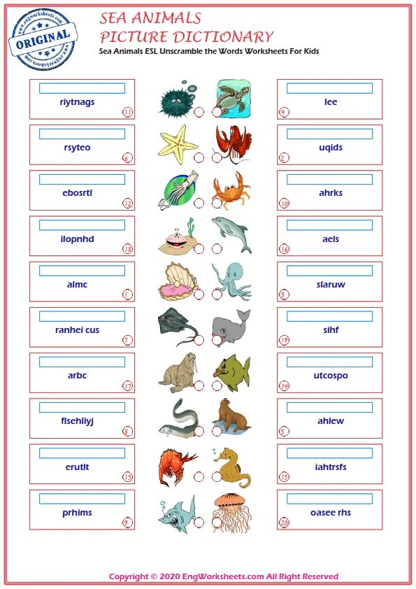 Sea Animals ESL Unscramble the Words Worksheets For Kids