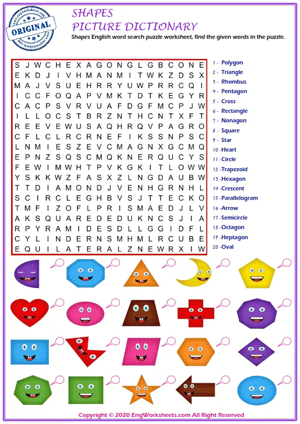 Shapes English word search puzzle worksheet, find the given words in the puzzle.
