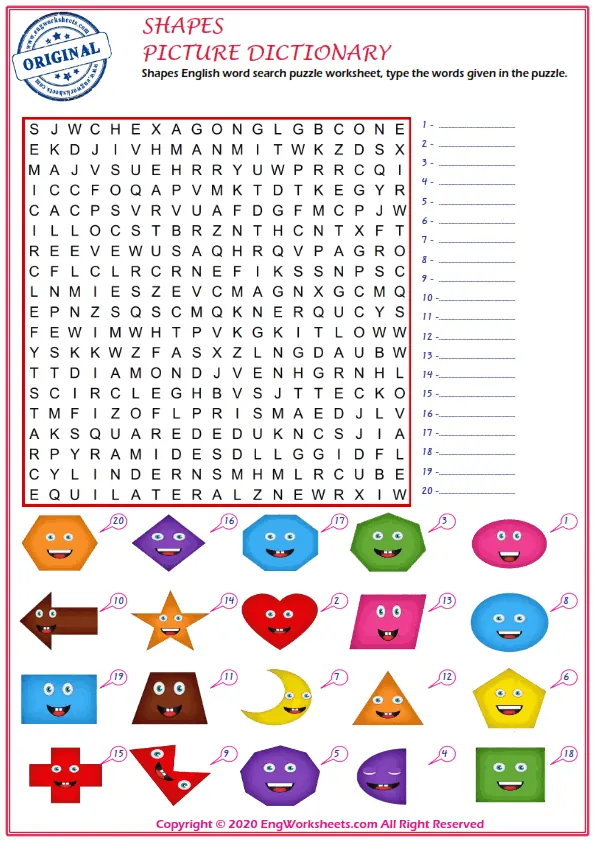 Shapes English word search puzzle worksheet, type the words given in the puzzle.