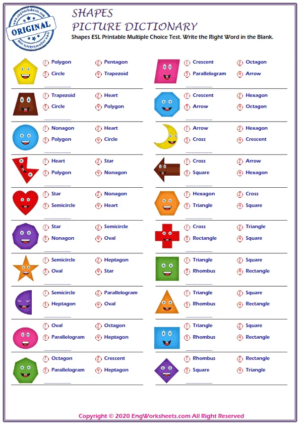 Shapes ESL Printable Multiple Choice Test. Write the Right Word in the Blank.