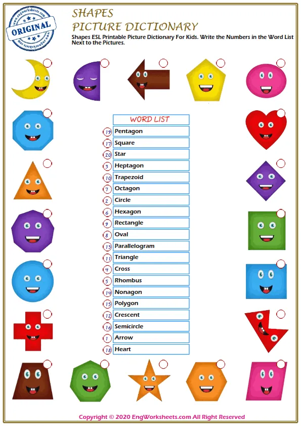 Shapes ESL Printable Picture Dictionary For Kids. Write the Numbers in the Word List Next to the Pictures.