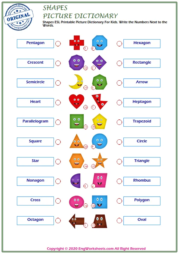 Shapes ESL Printable Picture Dictionary For Kids. Write the Numbers Next to the Words.
