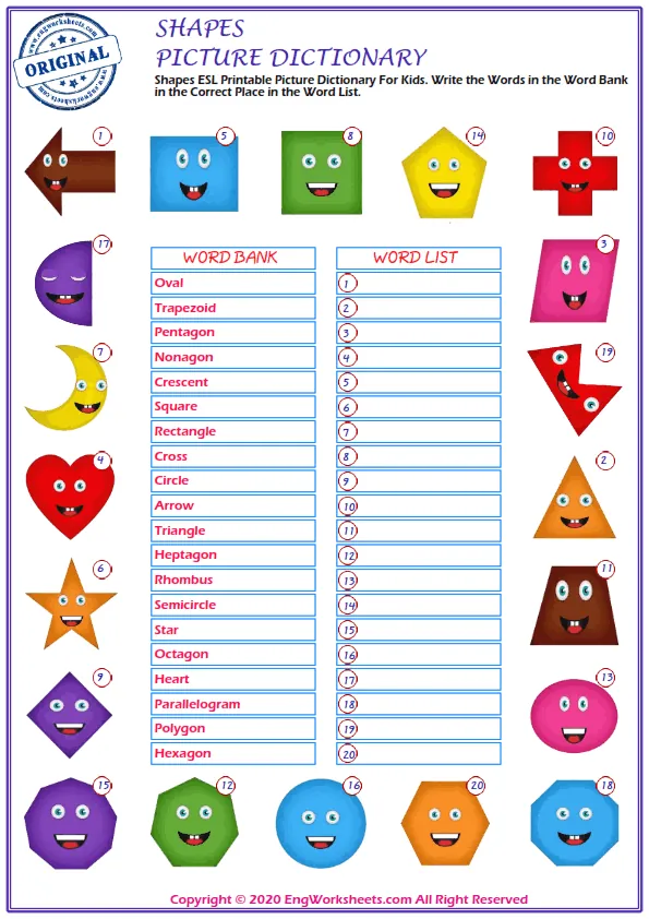 Shapes ESL Printable Picture Dictionary For Kids. Write the Words in the Word Bank in the Correct Place in the Word List.