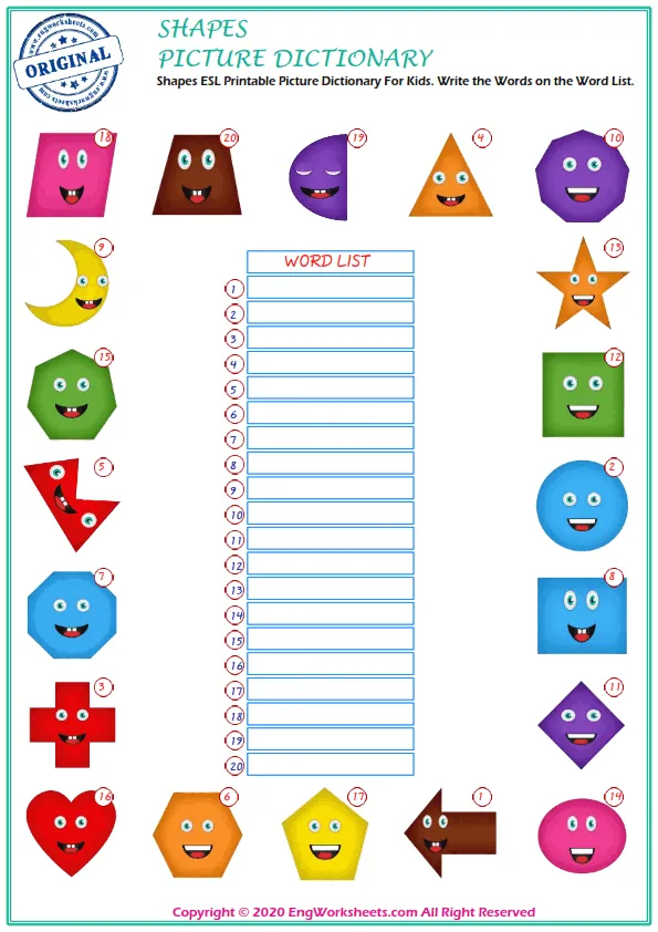Shapes ESL Printable Picture Dictionary For Kids. Write the Words on the Word List.