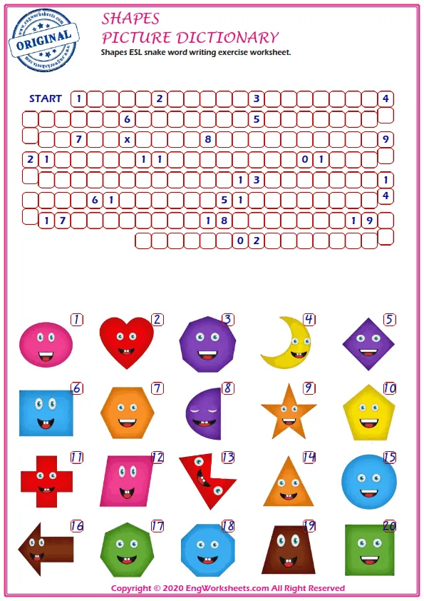 Shapes ESL snake word writing exercise worksheet.