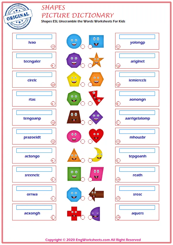 Shapes ESL Unscramble the Words Worksheets For Kids