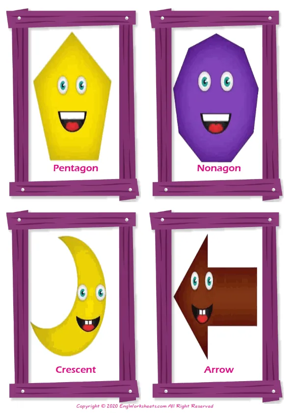Shapes vocabulary worksheet with words, four images per page